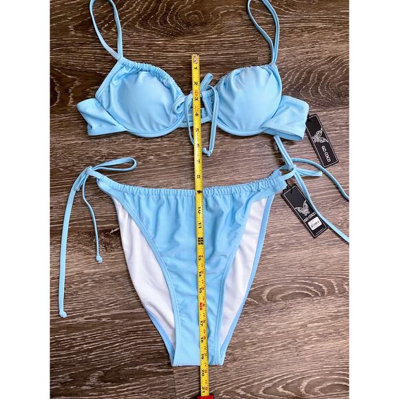 New Fashion Nova Large Blue Ruched Bikini Swim Suit Set Tie Adjustable Underwire - Picture 6 of 6